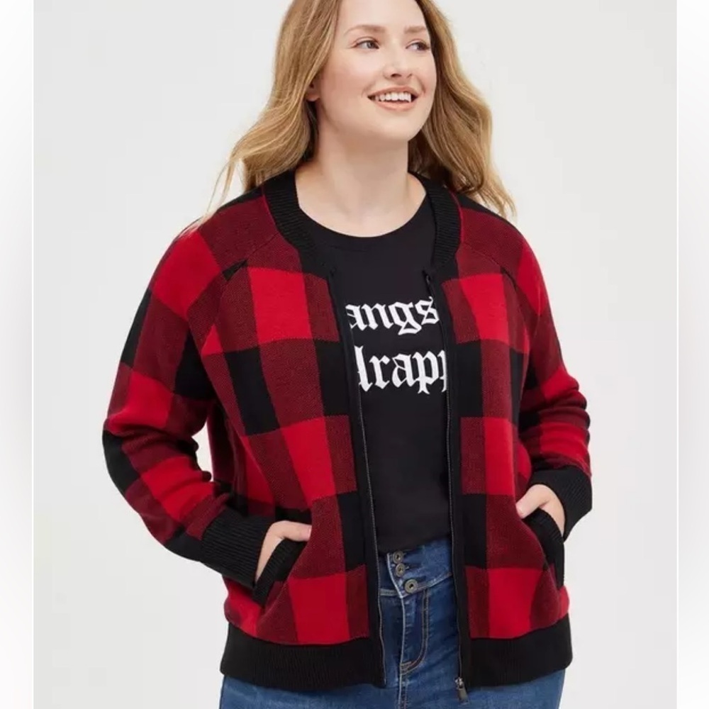 Torrid Cardigan Zip Up Buffalo Plaid Bomber Sweater